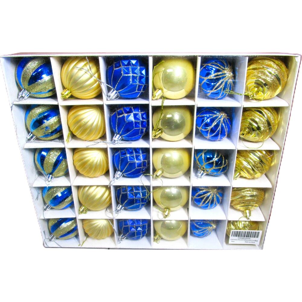 Set of 30 Blue and Gold Christmas Ornaments Glass Round Baubles Swirl Glitter
